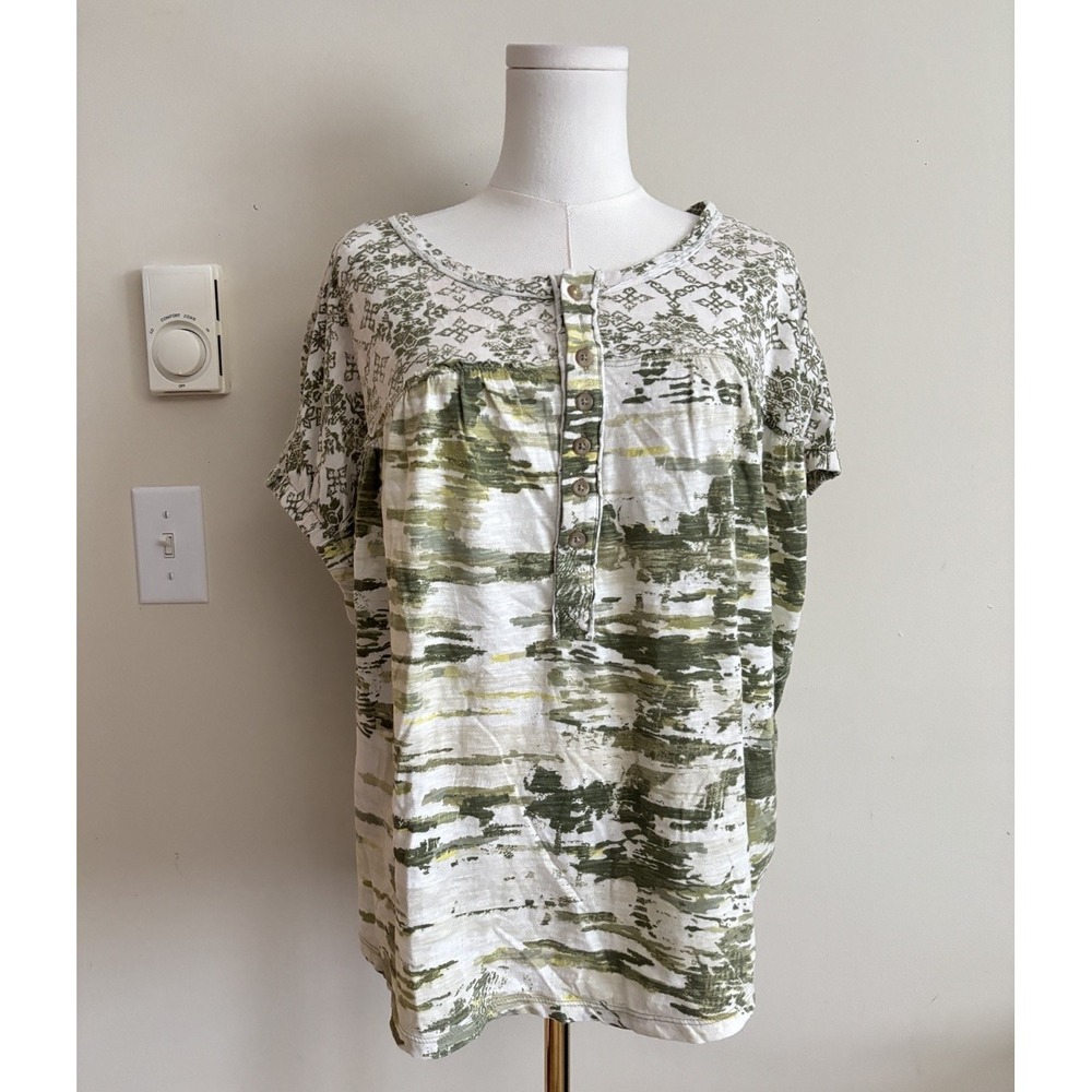 Anthropologie Pilcro Womens Large Top Oversized 100% Cotton Green White Boho